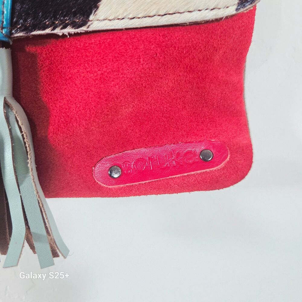 Soruka Recycled Leather Cowhide Crossbody Clutch Bag Red Teal Tassel - Picture 7 of 8